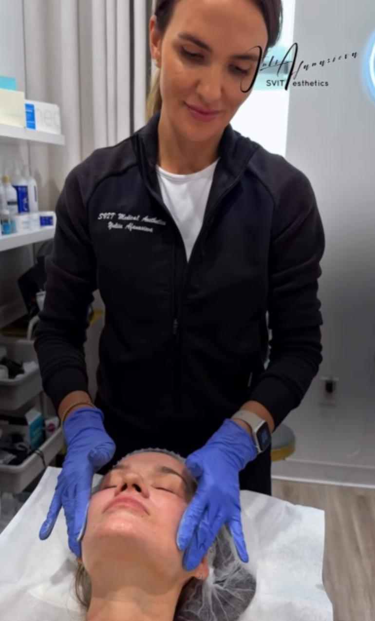 Medical aesthetician performing a professional facial skin treatment at SVIT Aesthetics medical spa in Southlake Texas.