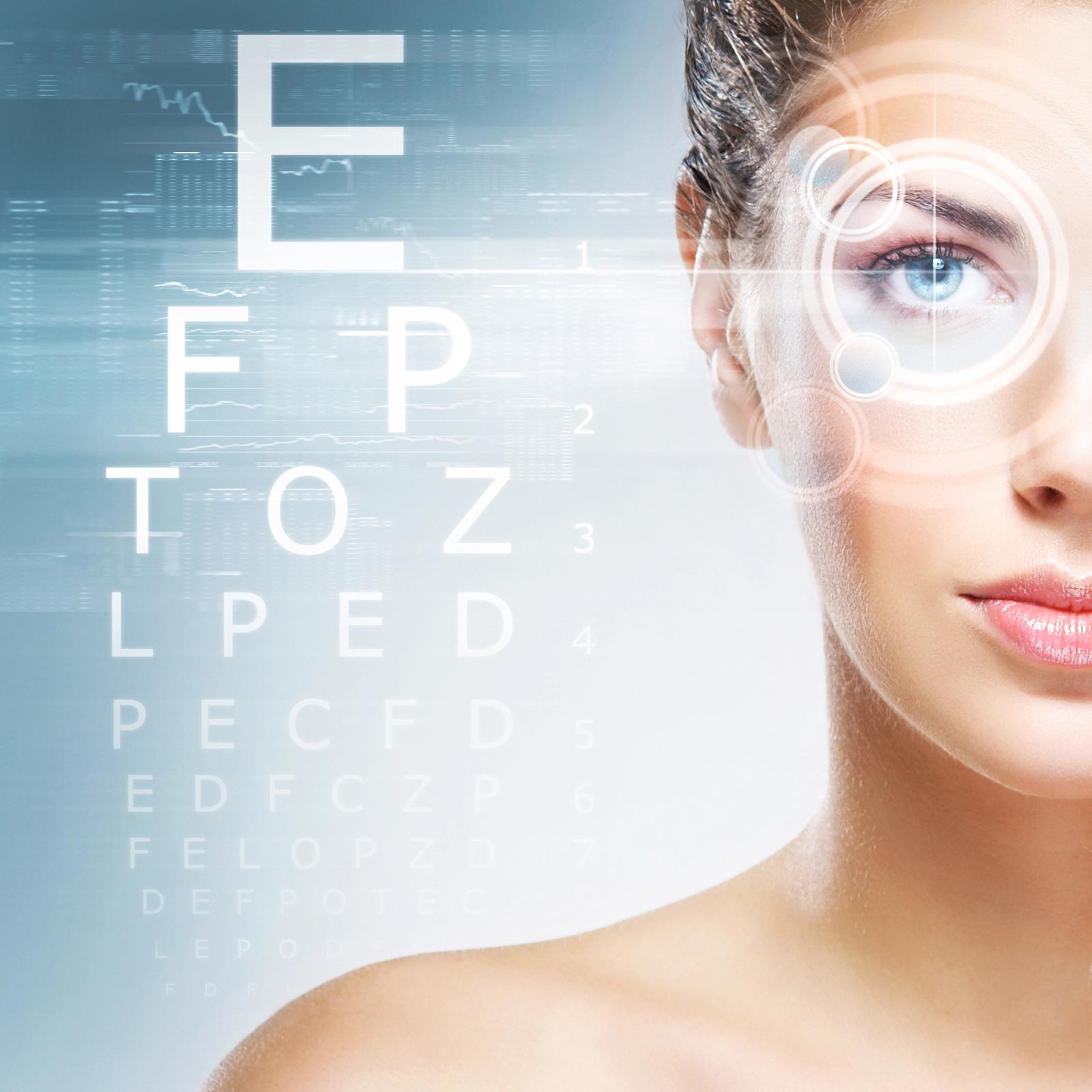 Close-up of a woman’s face with a stylised eye scan overlay and vision chart graphics representing advanced eye aesthetic technology.