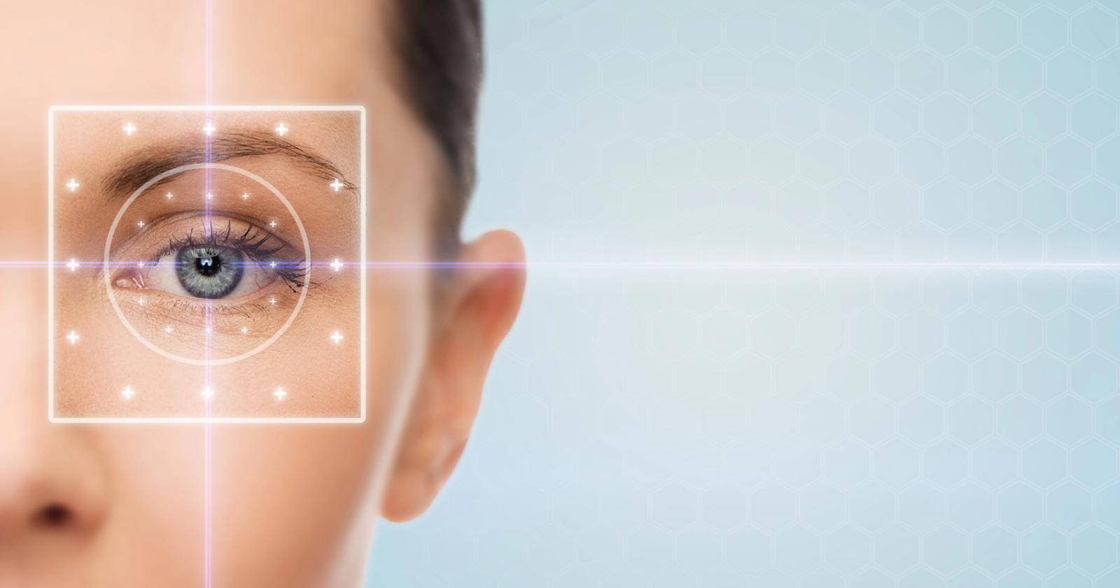 Close-up of a person’s eye with a digital scan overlay representing eye-area aesthetic technology.