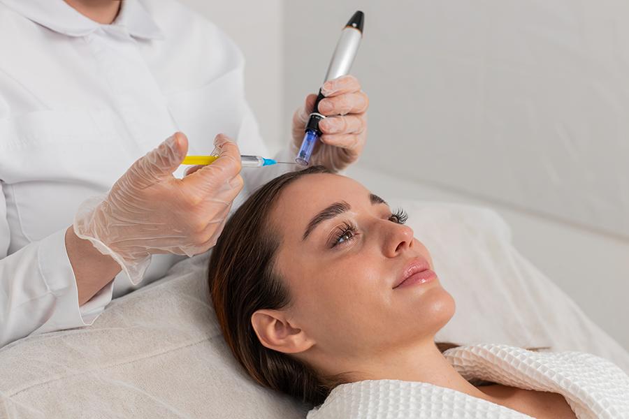 Person receiving a microneedling treatment on the scalp in a cosmetic aesthetic setting.