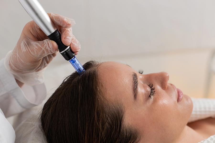 Aesthetic specialist performing a scalp microneedling treatment with exosome serums at SVIT Aesthetics in Southlake Texas