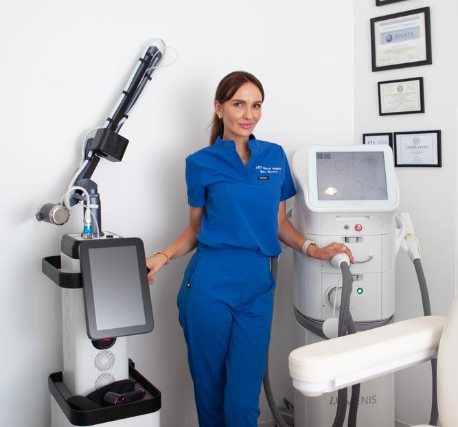 SVIT Aesthetics provider standing beside advanced skin tightening devices in Southlake.