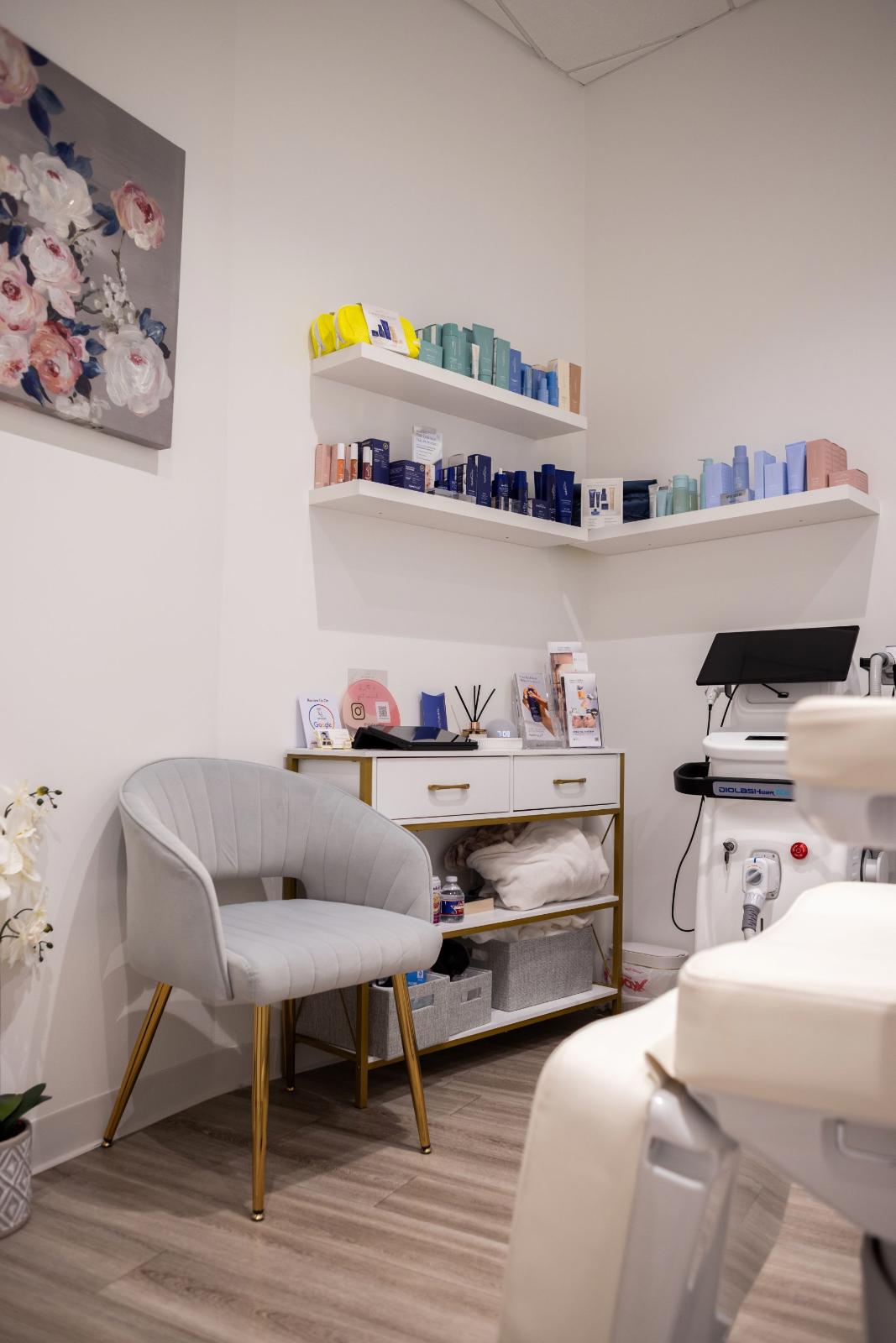 HydroPeptide skincare products displayed on shelves inside the SVIT Aesthetics treatment room in Southlake